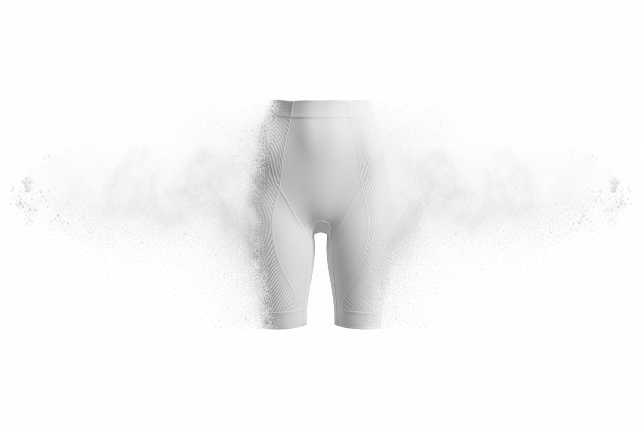A high-resolution, horizontal (landscape) image featuring premium sculpting tights as the sole subject, set against a pure white background. The tights are rendered in clean monochrome (white and light grey only), appearing solid and structured at the center while smoothly fading and dissolving into fine white particles toward the edges. The disintegration is subtle, controlled, and elegant, as if excess is being refined away. Soft, diffused studio lighting highlights fabric texture, compression, and form w