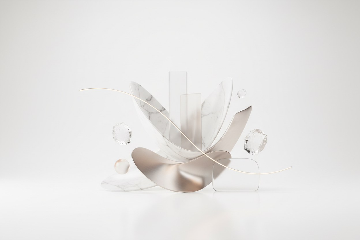 A high-resolution, photorealistic website hero image with a pure white background and an ultra-clean, minimalist aesthetic. Soft, diffused studio lighting with no harsh shadows. Subtle depth and gentle gradients only where necessary to maintain a crisp, modern look. The composition is balanced and spacious, with intentional negative space for website text. Premium, professional feel conveying clarity, trust, and sophistication. Neutral tones, refined textures, sharp focus, and realistic materials. Shot in u