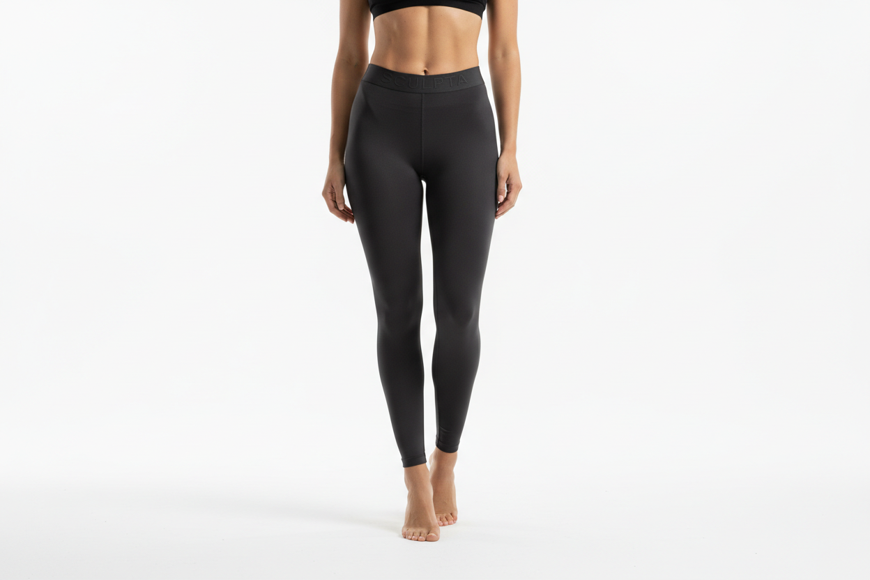 A wide, horizontal (landscape) high-resolution product image for a premium apparel brand named Sculpta. Clean, pure white background with an ultra-minimal, studio aesthetic. Professionally styled high-quality sculpting tights displayed on a model in a natural, confident pose, or neatly arranged in a refined flat-lay. Soft, diffused studio lighting that highlights fabric texture, stretch, and contour without harsh shadows. Emphasis on craftsmanship, fit, and material quality. Neutral monochrome tones only. B